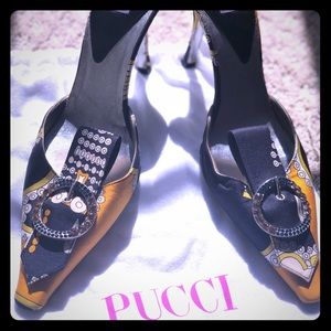 Emilio Pucci signature print satin heels